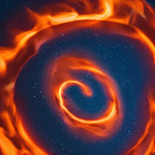 Image similar to large Fire spiral growing to swallow the galaxy, 40nm, shallow depth of field, split lighting, 4k,