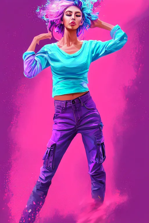 Image similar to a award winning half body porttrait of a beautiful woman in a croptop and cargo pants with ombre purple pink teal hairstyle with head in motion and hair flying, paint splashes, outrun, vaporware, shaded flat illustration, digital art, trending on artstation, highly detailed, fine detail, intricate