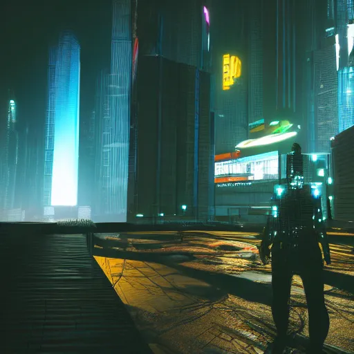 Prompt: cyberpunk landscape with a solo figure in the foreground, volumetric lighting