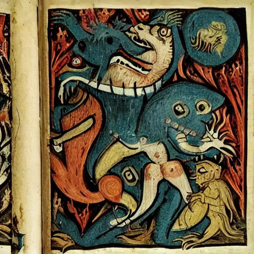 Image similar to medieval bestiary of repressed emotion monsters and creatures starting a fiery revolution in the psyche