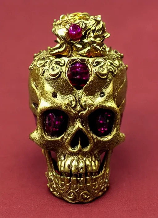 Prompt: ornate gothic gold skull realistic 3 d covered in rubies