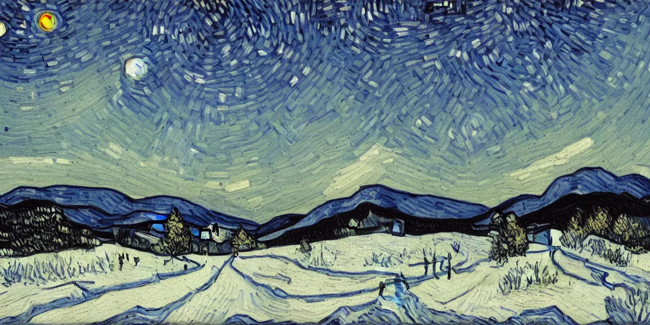 Prompt: thick impasto textured monochrome oil painting of the laurentian appalachian mountains in winter by vincent van gogh, unique, original and creative landscape, snowy night, distant town lights, aurora borealis, deers and ravens, footsteps in the snow, brilliant composition