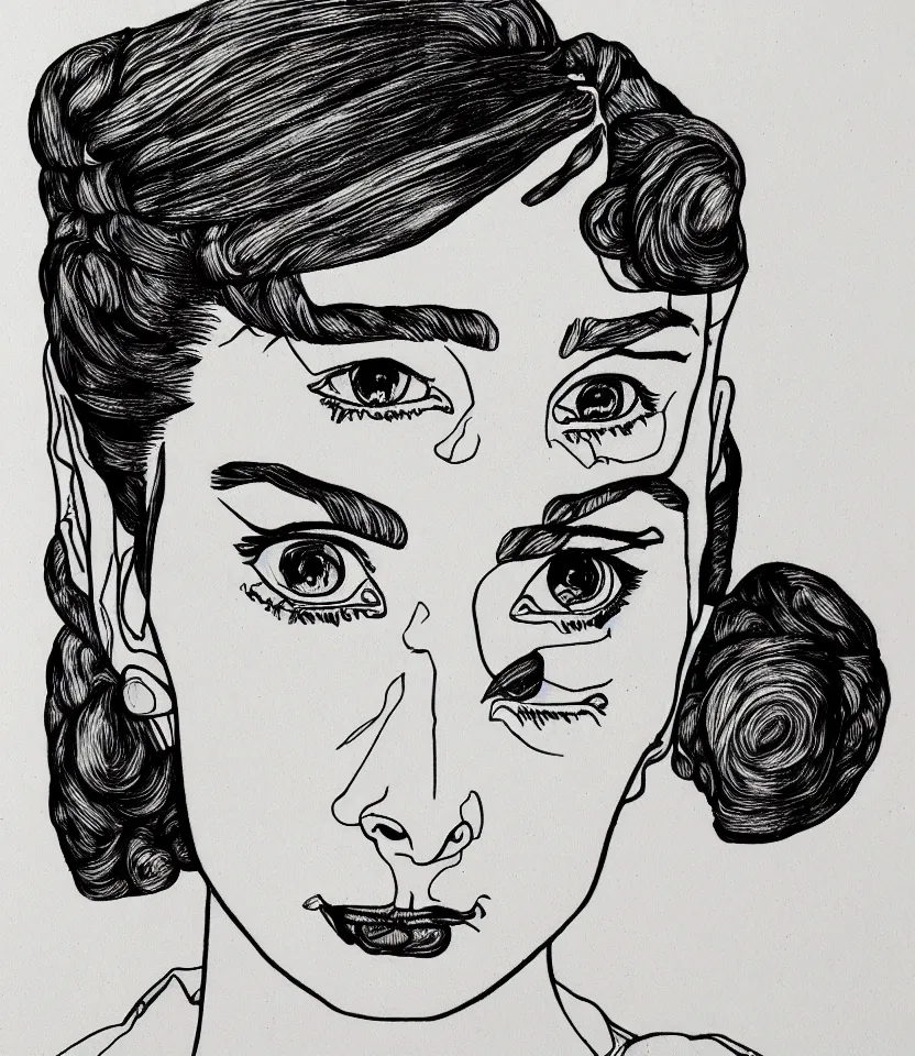 Prompt: gracefully detailed line art portrait of audrey hepburn, inspired by egon schiele.