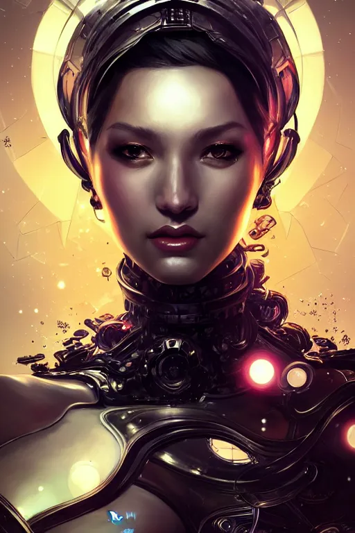 Image similar to beautiful female android in distress!, black shiny eyes, half portrait, background explosion, intricate detailed environment, floro details, intricate, elegant, highly detailed, digital painting, artstation, concept art, smooth, sharp focus, illustration, art by artgerm and brian sum