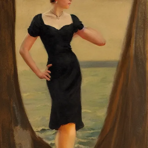 Prompt: woman in black dress, sea behind, pretty face, part dean cornwell style, part leyendecker style,