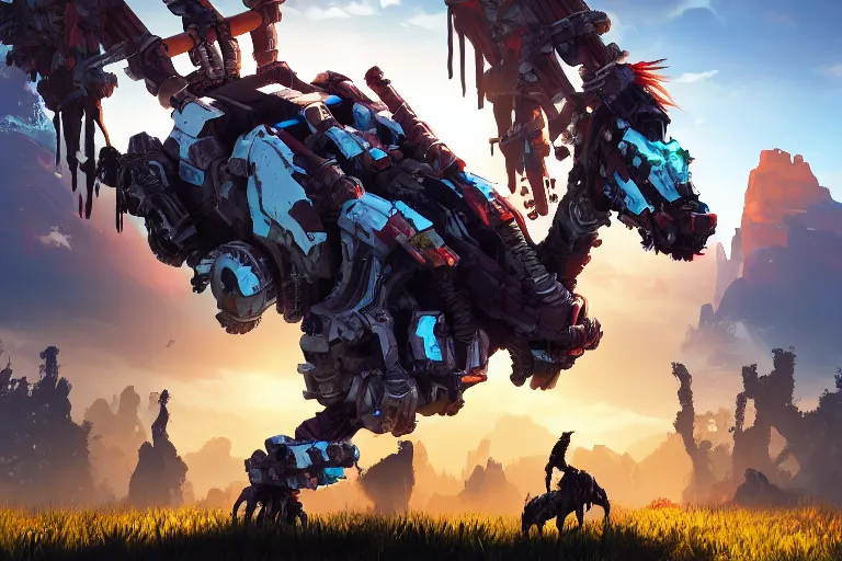 Image similar to grazer machine creature robot of horizon forbidden west horizon zero dawn radiating a glowing aura global illumination ray tracing hdr fanart arstation by ian pesty and alena aenami artworks in 4 k