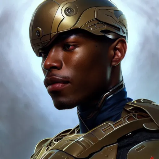 Image similar to ultra realistic illustration, a african american male cyborg soldier, intricate, elegant, highly detailed, digital painting, artstation, concept art, smooth, sharp focus, illustration, art by artgerm and greg rutkowski and alphonse mucha