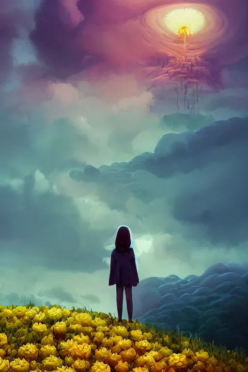 Image similar to closeup girl with huge yellow dahlia flower face, intricate, standing on mountain, surreal photography, blue storm clouds, dramatic light, impressionist painting, digital painting, artstation, simon stalenhag