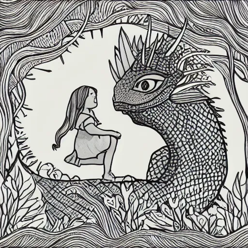 Image similar to a beautiful pencil on paper line illustration of a little girl and her dragon sitting on a hill, watching the sunset. Intricated details, flowers, trees, beautiful line work