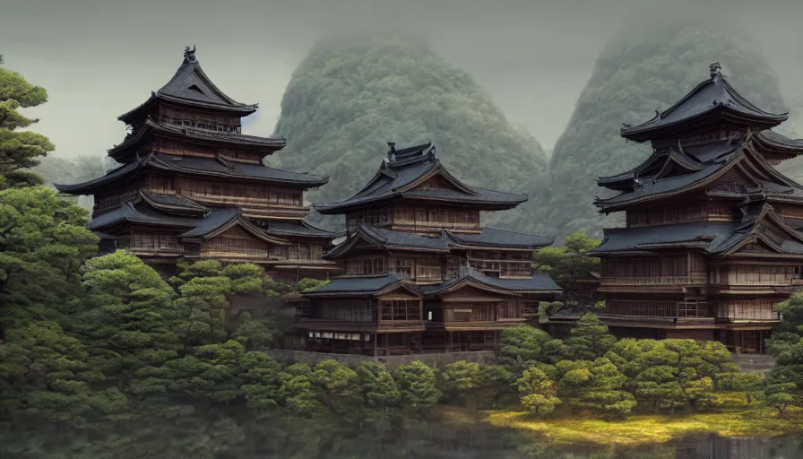 Prompt: A highly detailed matte painting of a large japanese castle, dark and wooden, in the mountains with volumetric fog, with matsu pine trees, by Studio Ghibli, Makoto Shinkai, by Artgerm, by beeple, volumetric lighting, octane render, 4K resolution, trending on artstation