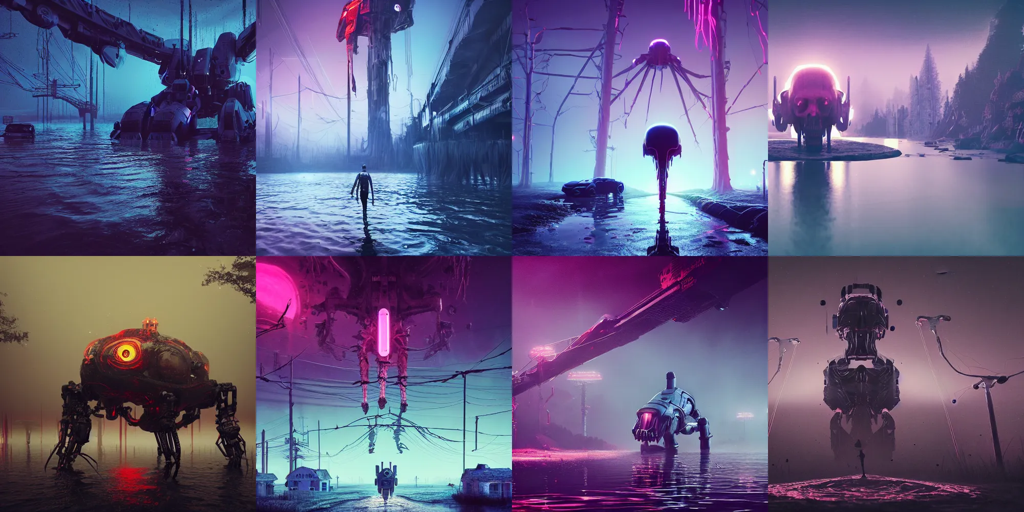 Prompt: beautiful dark bloody flooded landscape, giant robot human skull spider legs, in the style of beeple and Mike Winkelmann, photo real, ultra realistic, intricate, epic lighting, 8k resolution, unreal engine 5, ultraviolet colors,