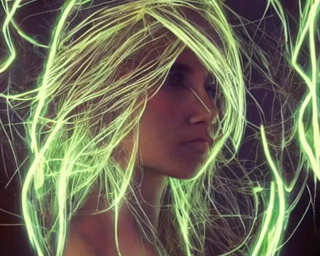 Image similar to glowing hair, complex cybernetic beings, *, * * *, * * * * *