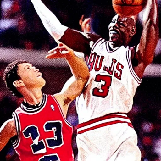 Image similar to frodo baggins blocking michael jordan, nba