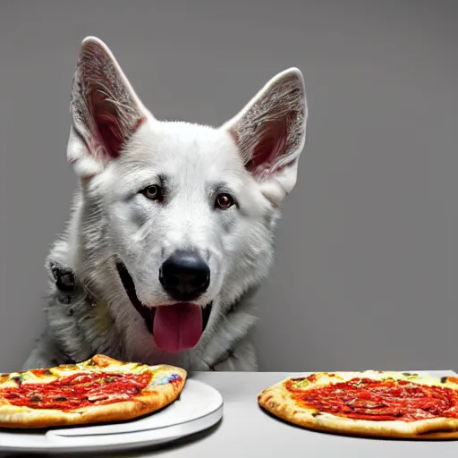 Prompt: detailed photo of a white german shepherd eating pizza, various posed, full body, studio light, 8 k, photorealism, intricate detail, diffuse lighting