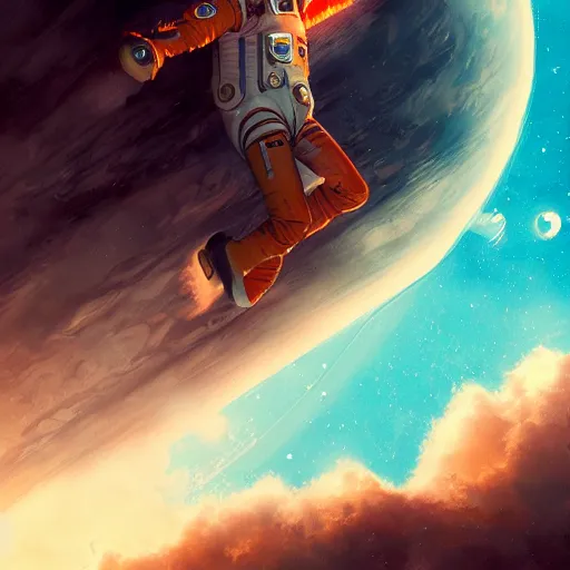 Image similar to burning astronaut falling through the majestic clouds of jupiter, by cedric peyravernay and feng zhu, highly detailed, excellent composition, cinematic concept art, dramatic lighting, trending on artstation