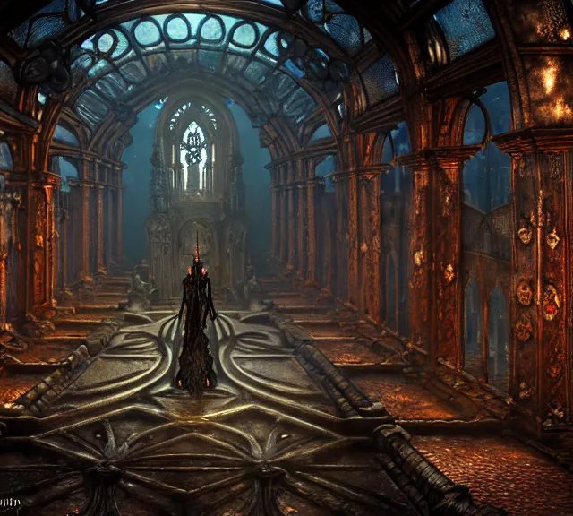 Image similar to steam necropolis, memento mori, gothic, neo - gothic, art nouveau, hyperdetailed copper patina medieval icon, stefan morrell, philippe druillet, ralph mcquarrie, concept art, steampunk, unreal engine, detailed intricate environment, octane render, moody atmospherics, volumetric lighting, ultrasharp, ominous, otherworldly