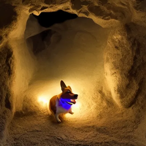 Image similar to a corgi as an eldtrich horror deep in a cave only the face of the corgi illuminated by a torch, realistic, creepy