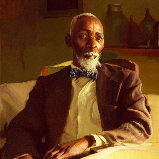 Image similar to a painting of a thinker, thoughtful, focused, visionary, calm, jovial, loving, fatherly, generous, elegant well fed elder with few eyebrows and his on from Kenya by Henry Ossawa Tanner . dramatic angle, ethereal lights, details, smooth, sharp focus, illustration, realistic, cinematic, artstation, award winning, rgb , unreal engine, octane render, cinematic light, macro, depth of field, blur, red light and clouds from the back, highly detailed epic cinematic concept art CG render made in Maya, Blender and Photoshop, octane render, excellent composition, dynamic dramatic cinematic lighting, aesthetic, very inspirational, arthouse.