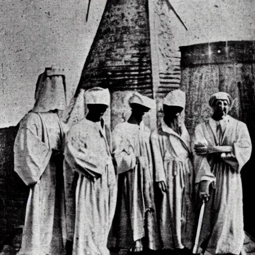 Image similar to worshippers dressed in robes belonging to the cult of the windmill. Dilapidated 1800s windmill. 1800s photo.