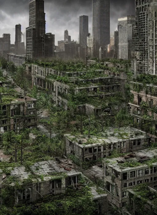 Image similar to a post - apocalyptic chicago, collasped buildings, a dark forest, vines and moss growing over buildings, abandoned aparment buildings, grunge, hyper real, cinematic photo, octane render, insanely detailed, 8 k