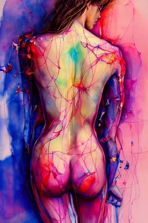 Image similar to sophia vergara by agnes cecile enki bilal moebius, intricated details, 3 / 4 back view, bendover posture, full body portrait, extremely luminous bright design, pastel colours, drips, autumn lights