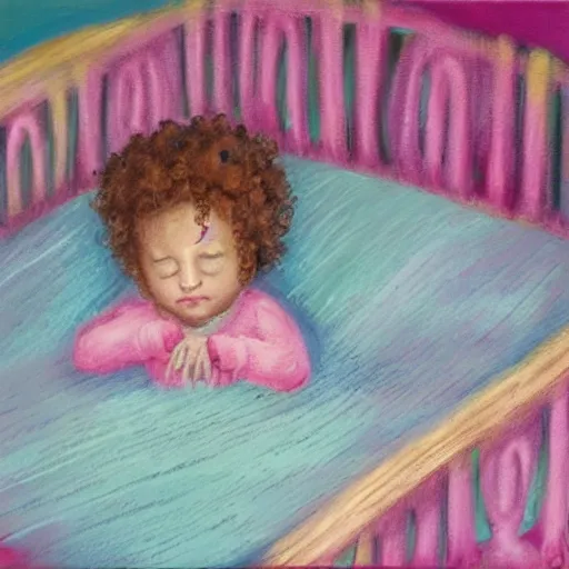 Image similar to a small curly headed child sleeping in a crib, beautiful painting, pastel colors, oil on canvas