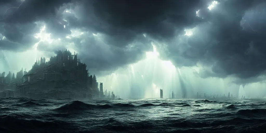 Image similar to a submerged city by james paick, extreme torrential stormy waves, hurricane, matte painting, god rays, 1 5 mm lens, early morning, dramatic lighting, cinematography, game environment design, cinematic, global illumination, highly detailed, bloom