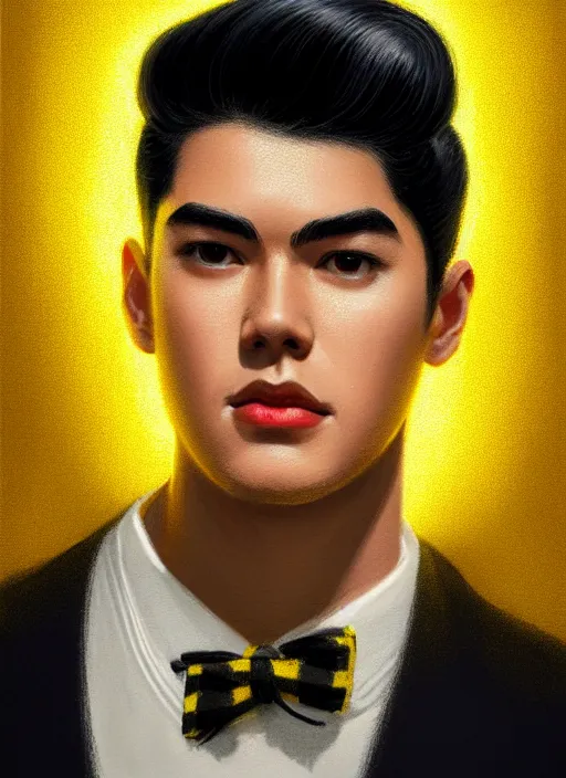 Image similar to portrait of young reggie mantle, mean smirk, egotistical, slicked back hair, striped yellow and black sweater, 1 9 5 0 s, intricate, elegant, glowing lights, highly detailed, digital painting, artstation, concept art, smooth, sharp focus, illustration, art by wlop, mars ravelo and greg rutkowski