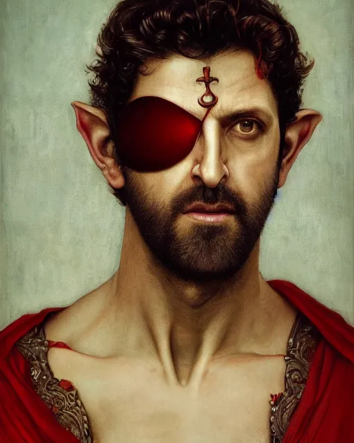Prompt: a detailed matte oil on canvas head on symmetrical portrait of hrithik roshan as an elven man with an eye patch and red hair, by edgar maxence and caravaggio and michael whelan and delacroix style, artistic, intricate drawing, light brazen, realistic fantasy, extremely detailed and beautiful aesthetic face, 8 k resolution, dramatic lighting