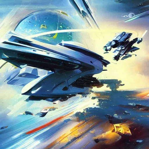 Image similar to futuristic spaceship jumping to warp lightspeed concept art oil painting by john berkey , minimal detailed, brush hard