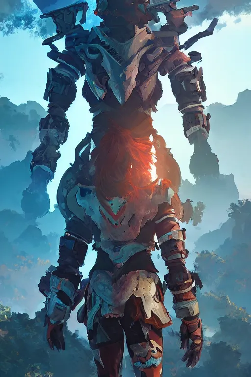 Image similar to combination suit armor aloy horizon forbidden west horizon zero dawn radiating a glowing aura global illumination ray tracing hdr fanart arstation by ian pesty and alena aenami artworks in 4 k tribal robot ninja mask helmet backpack