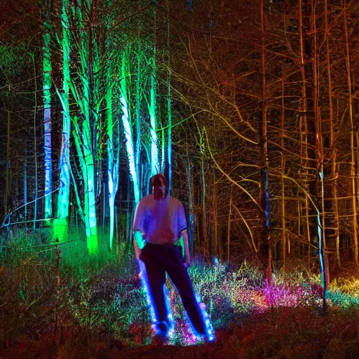 Prompt: eddie munson neon lights looks so cool in the night forest handsome, photojournalism