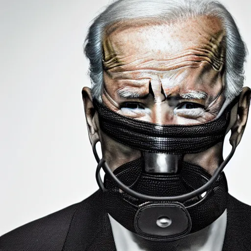 Image similar to uhd candid photo of joe biden wearing a basket muzzle, with accurate face, real muzzle, uhd, studio lighting, correct face, photo by annie leibovitz