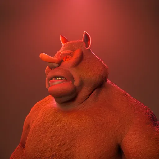 Image similar to portrait of funny red ogre, unreal engine render, volumetric light, high détail