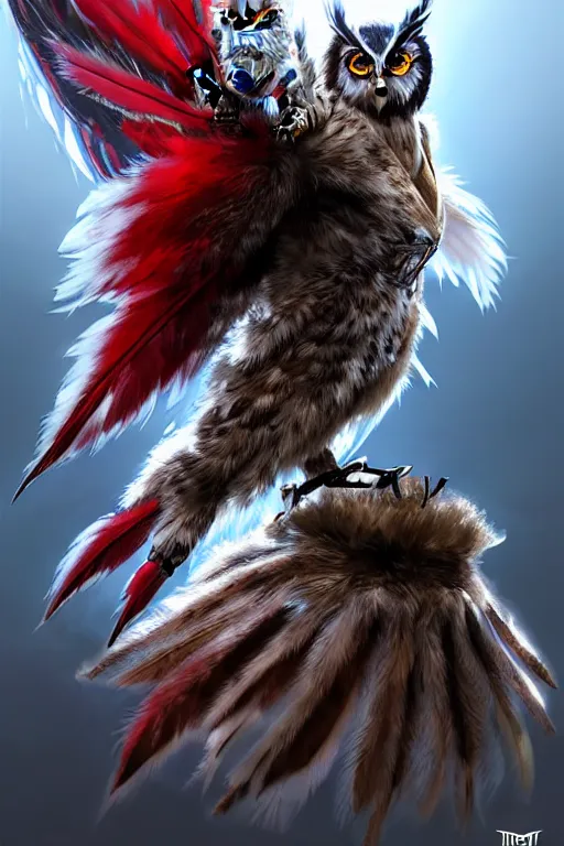 Prompt: Tekken 4 fighter anime Stunning Portrait Robot Owl with feathers all over its body, he salutes to the owl flag, short black feathers with a samurai sword on its back, in a saluting stance, digital painting, artstation, concept art, soft light, hdri, smooth, sharp focus, illustration, art by tian zi, craig mullins, Mark Arian, WLOP, alphonse mucha