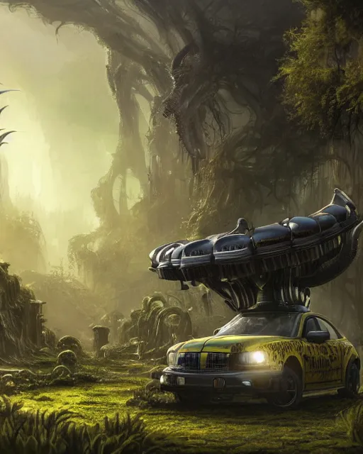 Image similar to xenomorph taxi car in a fantasy village, calming, uplifting mood, ultra realistic, farm, small buildings, highly detailed, atmosphere, masterpiece, epic lighting, elves, green plants, magic, illuminated, 4 k, cinematic, morning sun, art by eddie mendoza and sylvain sarrailh and jonathan berube