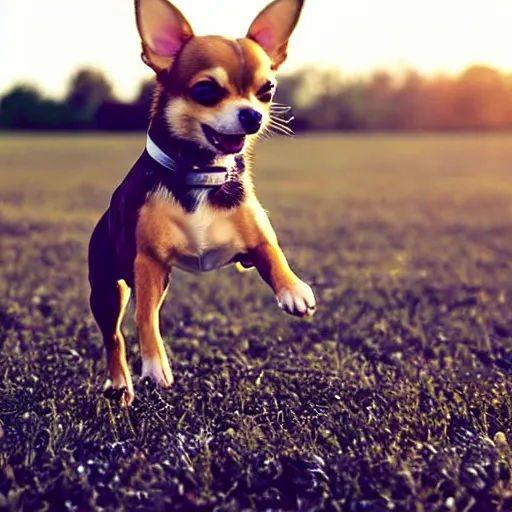 Image similar to my dream puppy: an extremely adorable chihuahua! she is so playful and happy. In this photograph, she is pictured prancing through a field on a bright, sunny summer afternoon. Her mouth is open and her tongue is out. She barks playfully as we play fetch in the field.