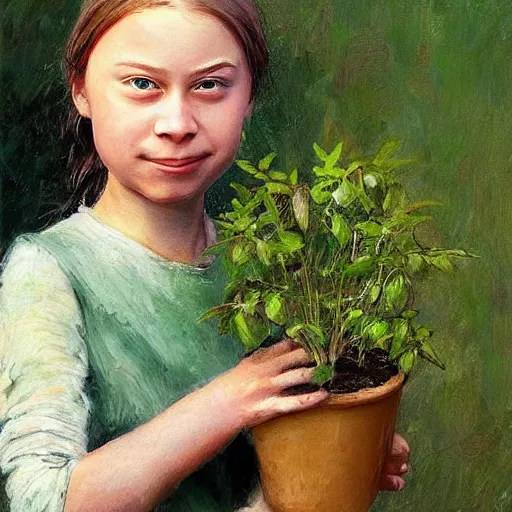 Image similar to Crying Greta Thunberg holding a green plant, impressionism, barren earth, gloomy colors, brown background, vivid attention to detail, by Greg Rutkowksi and Ilya Repin and Ander Duran