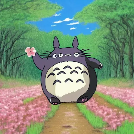 Image similar to Totoro in a cherry blossom field ghibli theme