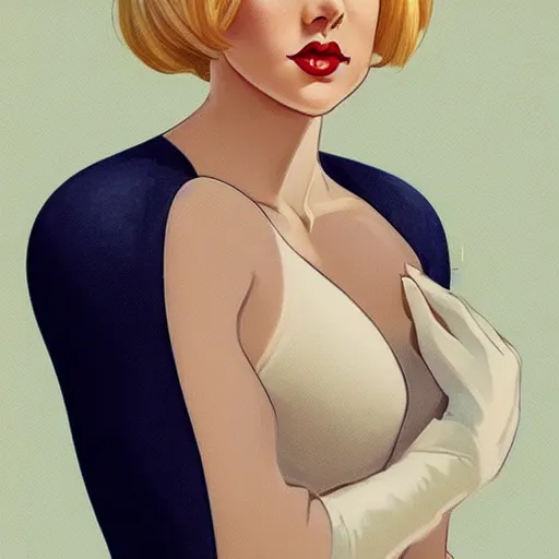 Image similar to a beautiful pin - up portrait of a beautiful cute superhero woman, blonde hair, bob haircut, matte navy - blue bodysuit, white cape, intricate, elegant, 8 k, highly detailed, digital painting, concept art, smooth, sharp focus, illustration, anime, artgerm and loish and wlop and alphonse mucha