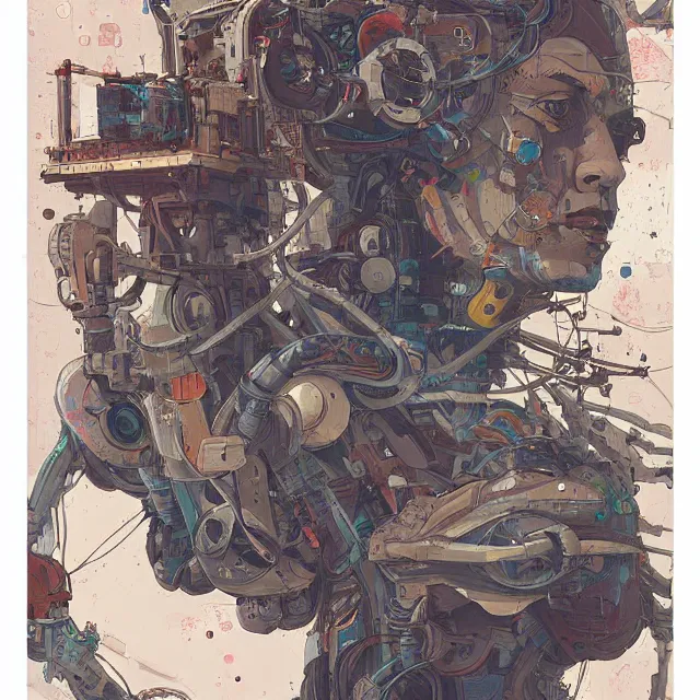 Image similar to robot artist painting a self - portrait on a canvas. intricate, highly detailed, digital matte painting, in the style of alexandros pyromallis, and in the style of sachin teng, and in the style of hans thoma, and in the style of phil jimenez. irony, recursion, inspiration.