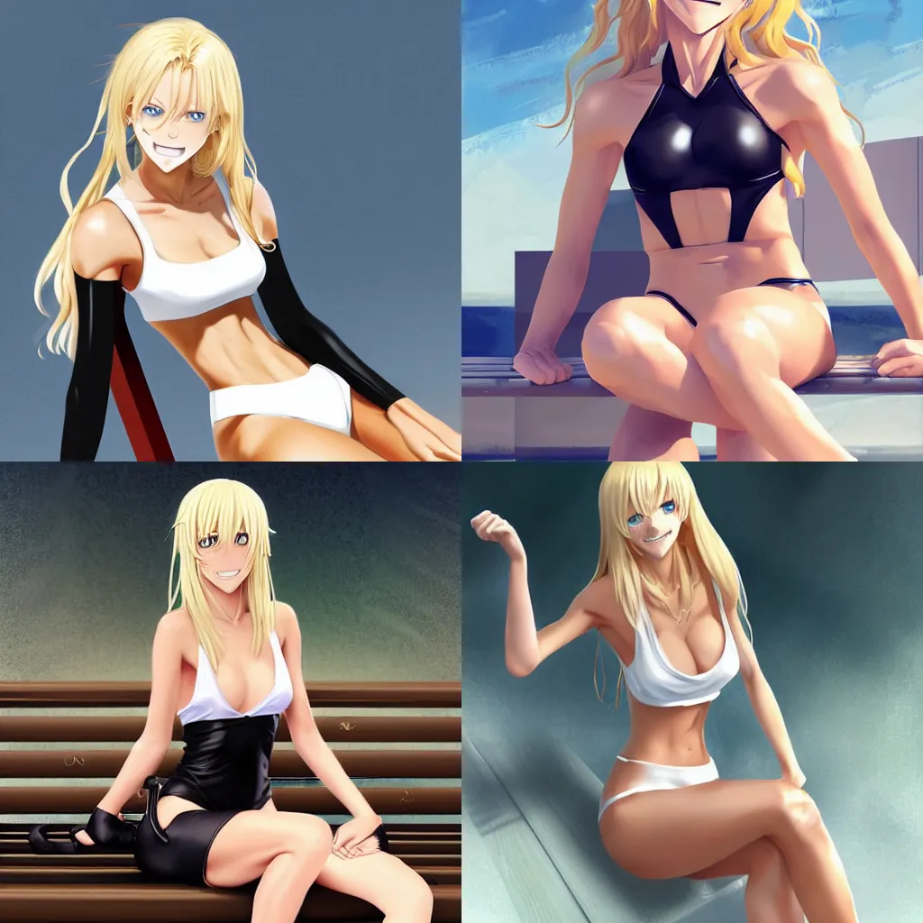 Prompt: An athletic tall blonde woman with a winning and radiant smile, long blonde hair, wearing a simple white swimsuit and leather fighting gloves. Sitting on a bench pose. Fighting shonen anime, digital painting by WLOP