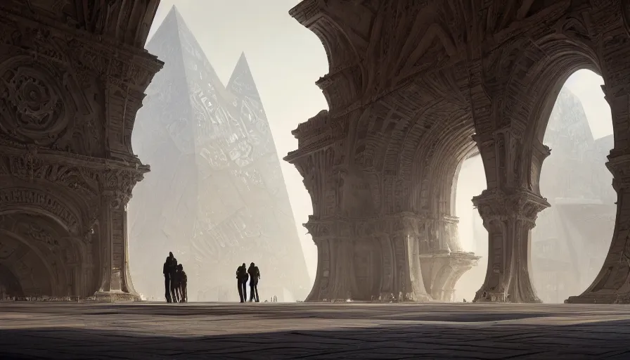 Prompt: the inside of a monument with italian motifs, by tim blandin and arthur haas and bruce pennington and john schoenherr, big windows architecture by zaha hadid, octane render, cinematic, scenery, cgsociety, modernism, futuristic, trending on artstation, sci - fi, high detail, high quality, close up angle, people walking