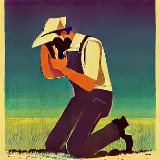 Image similar to farmer kneeling down putting a seed in the ground, limited neutral palette, by petros afshar, anton fadeev, dean ellis, beautiful graphic full body portrait, propaganda poster art 1 9 7 0 s illustrated advertising art, painterly character design