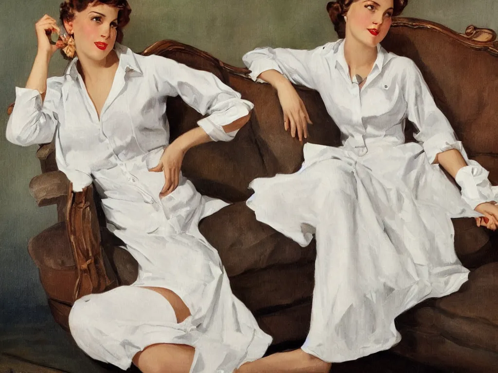 Prompt: young woman sitting on a couch, next to the sea, wearing a white button up shirt, vintage pin up, painted by jc leyendecker,