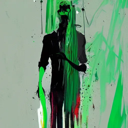 Image similar to closeup, very few thick long paint brush strokes, abstract depiction of the physique of one!!! very thin black suit man with green long straight hair posing dramatically, closeup, matte colors, conrad roset, dark abstract background, abstract painting trending on artstation