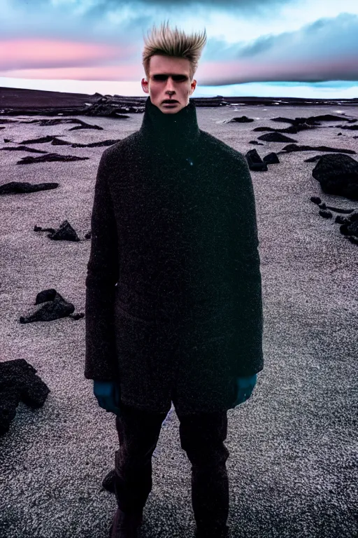 Prompt: high quality pastel coloured film wide angle selfie photograph of an male cyber model standing in an icelandic black rock environment. three point light. photographic. art directed. pastel colours. volumetric light. stark. waves glitch. 8 k. filmic.