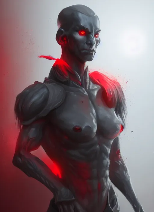 Image similar to portrait painting of a gray dark elf with red glowing eyes, artstation, nvidia, vray