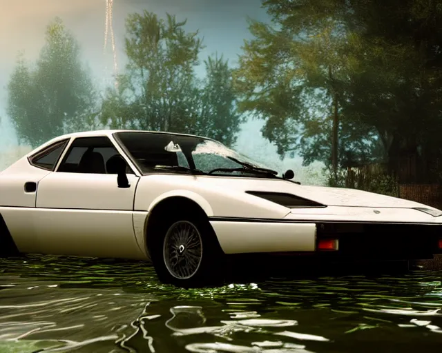 Image similar to white lotus esprit submerged under water, cinematic, photoreal, by red dead redemption 2