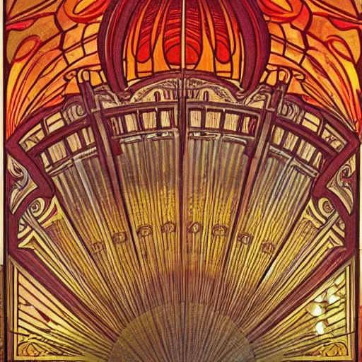 Image similar to flowing theatre red curtains, centered radial design, gold art nouveau graphic elements, painting by mucha, beautiful lighting